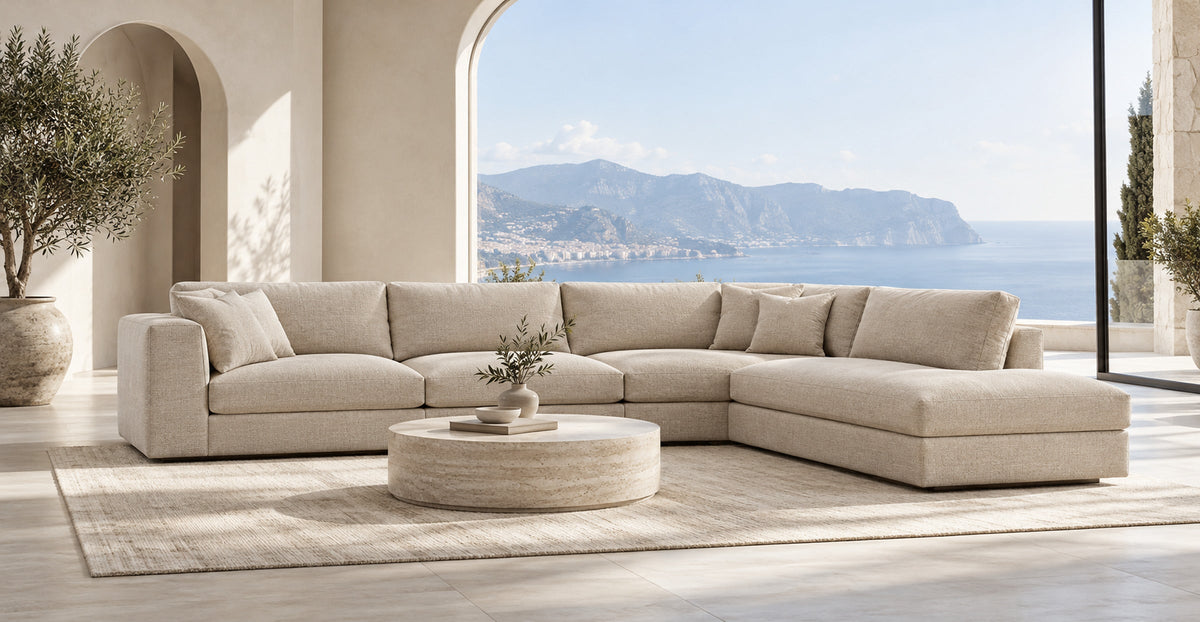 Naples large beige corner sofa in a coastal Mediterranean living room — Ivaaj