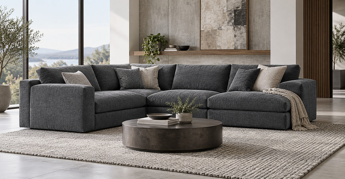 Nebraska slate upholstered corner sofa in a refined contemporary lounge — Ivaaj