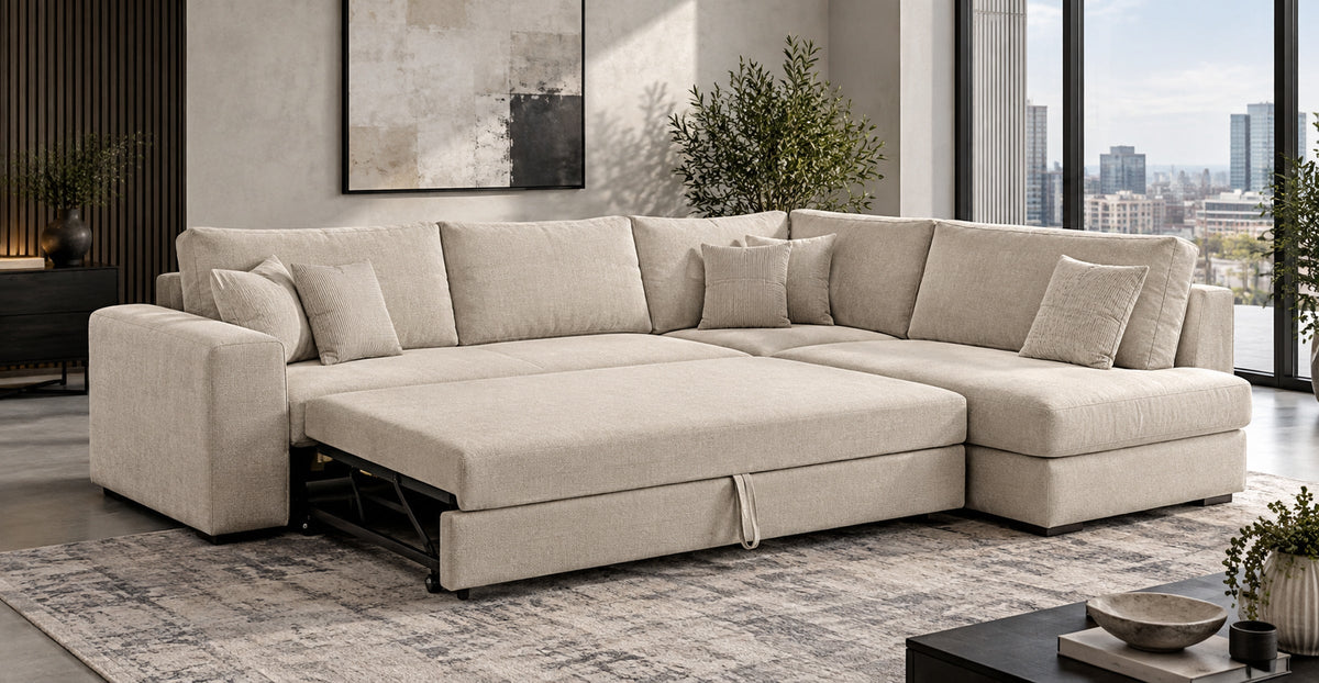 Omniya universal corner sofa bed with pull-out sleeping platform in a modern apartment — Ivaaj