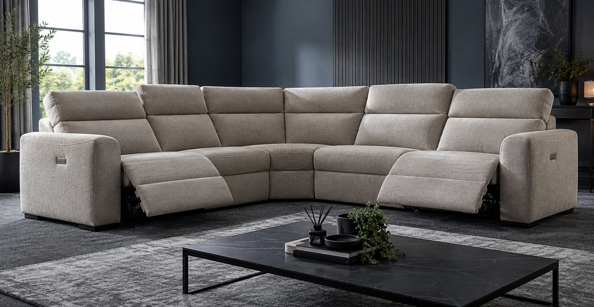 Owen electric reclining corner sofa with extended footrests in a contemporary lounge — Ivaaj