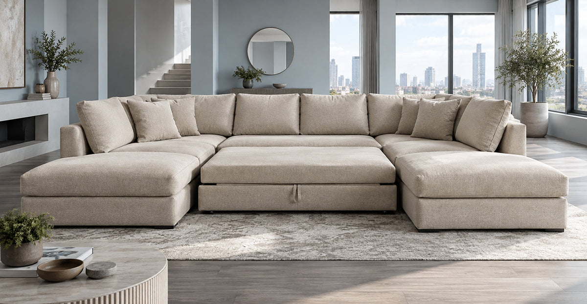 Palermo beige U-shaped corner sofa bed with central pull-out sleeping area — Ivaaj