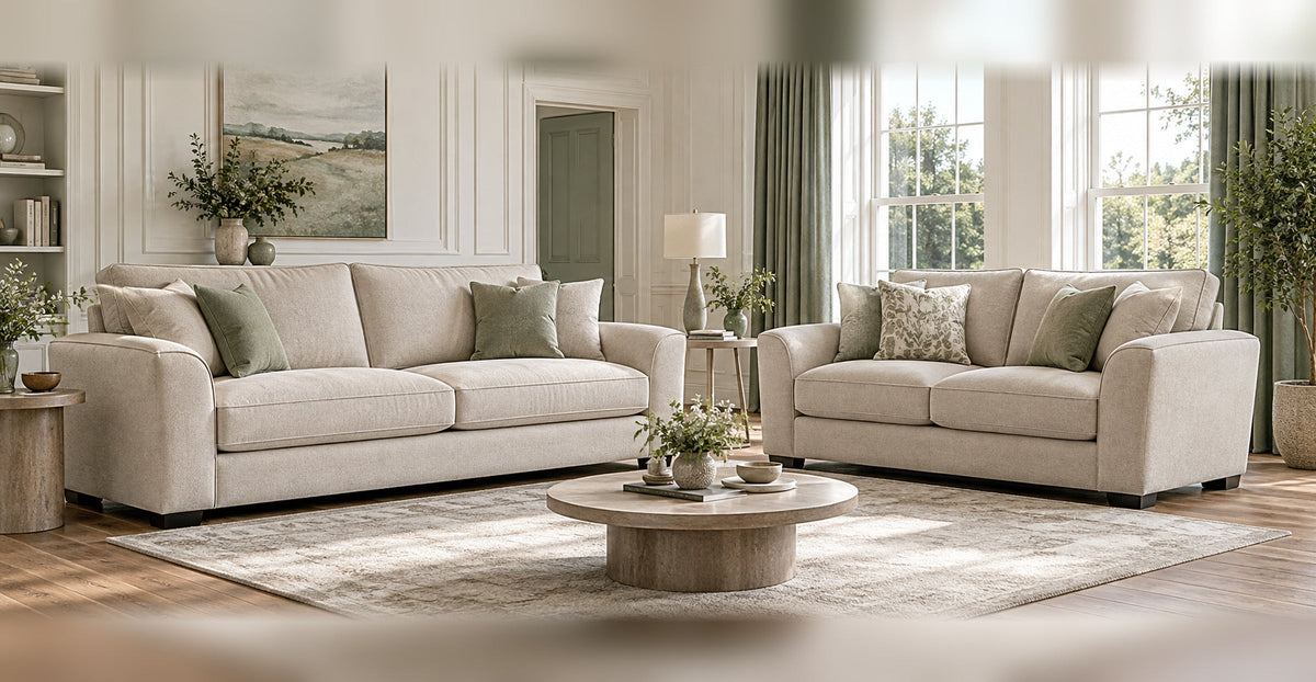 Paris upholstered three-seater and two-seater sofa set in a modern-classic sitting room — Ivaaj