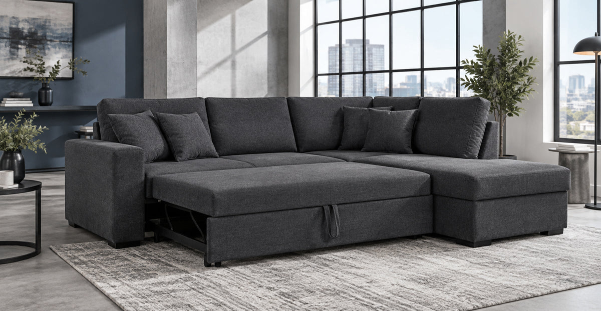 Portland charcoal universal corner sofa bed with extended sleeping surface — Ivaaj