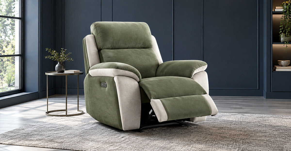 Seville green and cream electric reclining armchair with extended footrest — Ivaaj Recliners