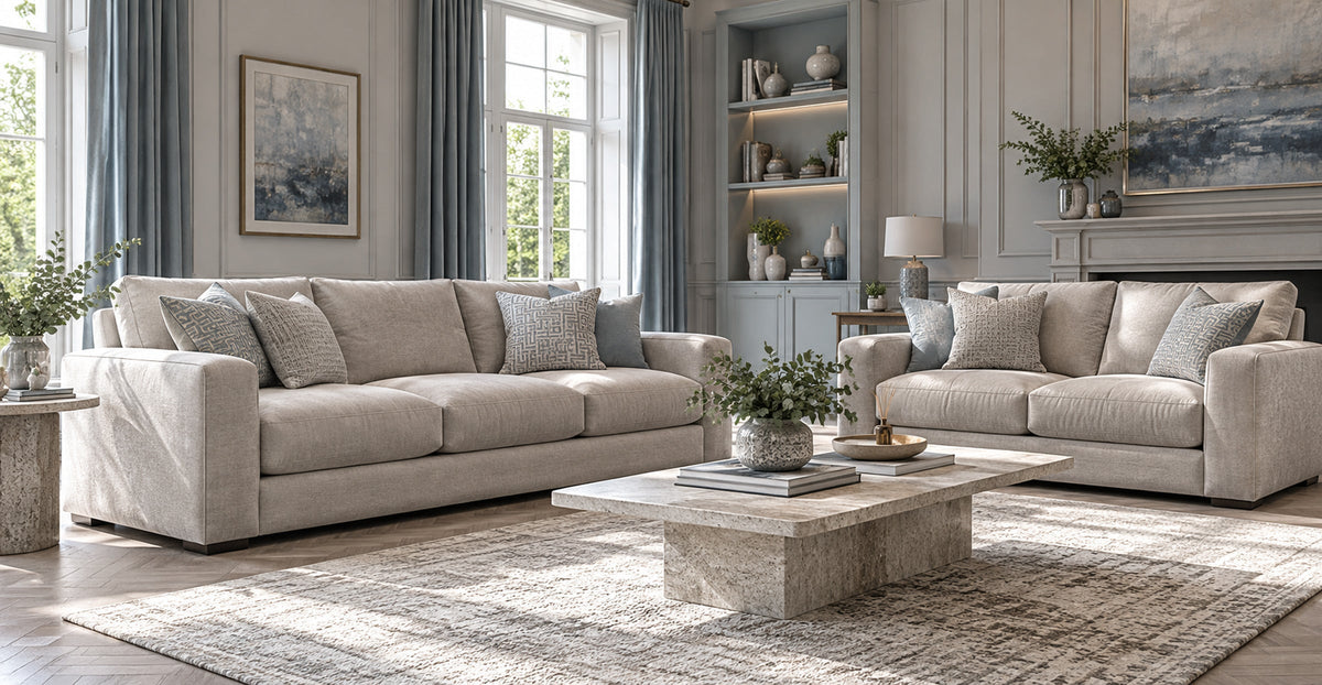 San Marino upholstered three-seater and two-seater sofa set in an elegant modern-classic living room — Ivaaj