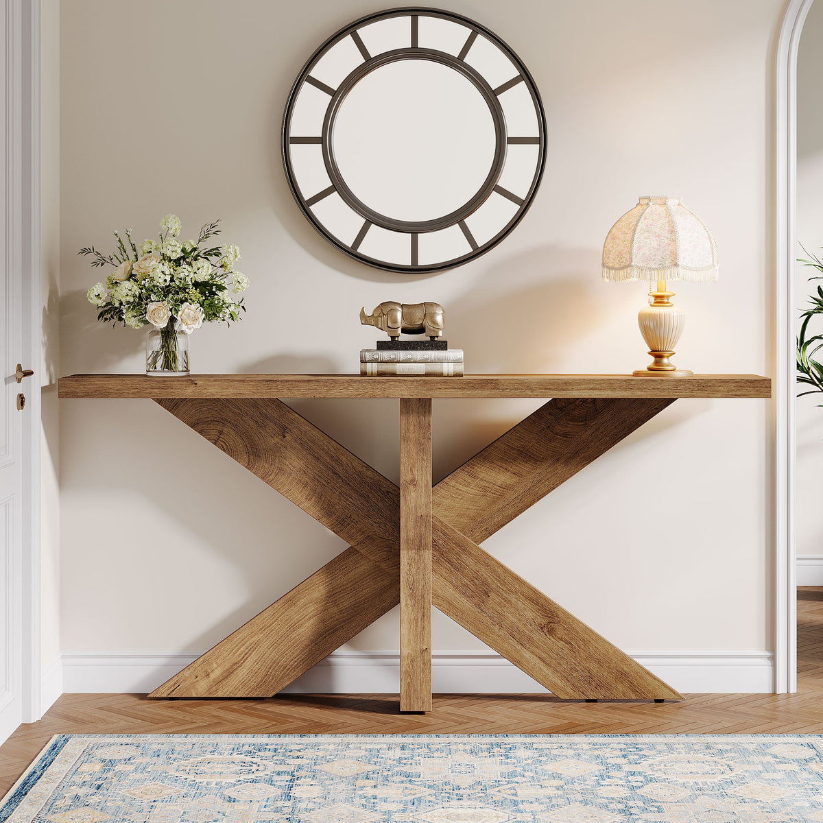 70.9-Inch Console Table, Farmhouse Sofa Table with Wooden Geometric Base for Entryway