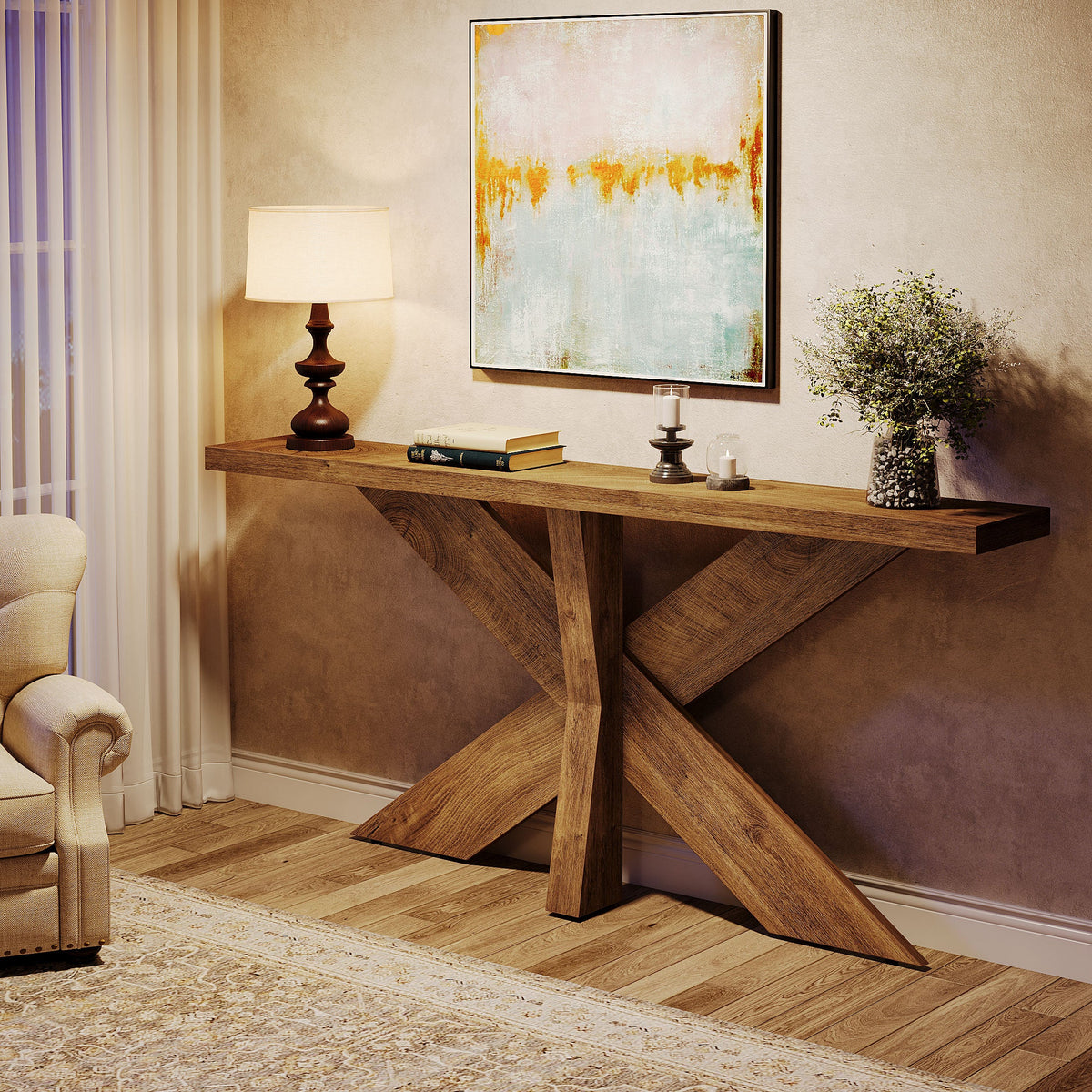 70.9-Inch Console Table, Farmhouse Sofa Table with Wooden Geometric Base for Entryway