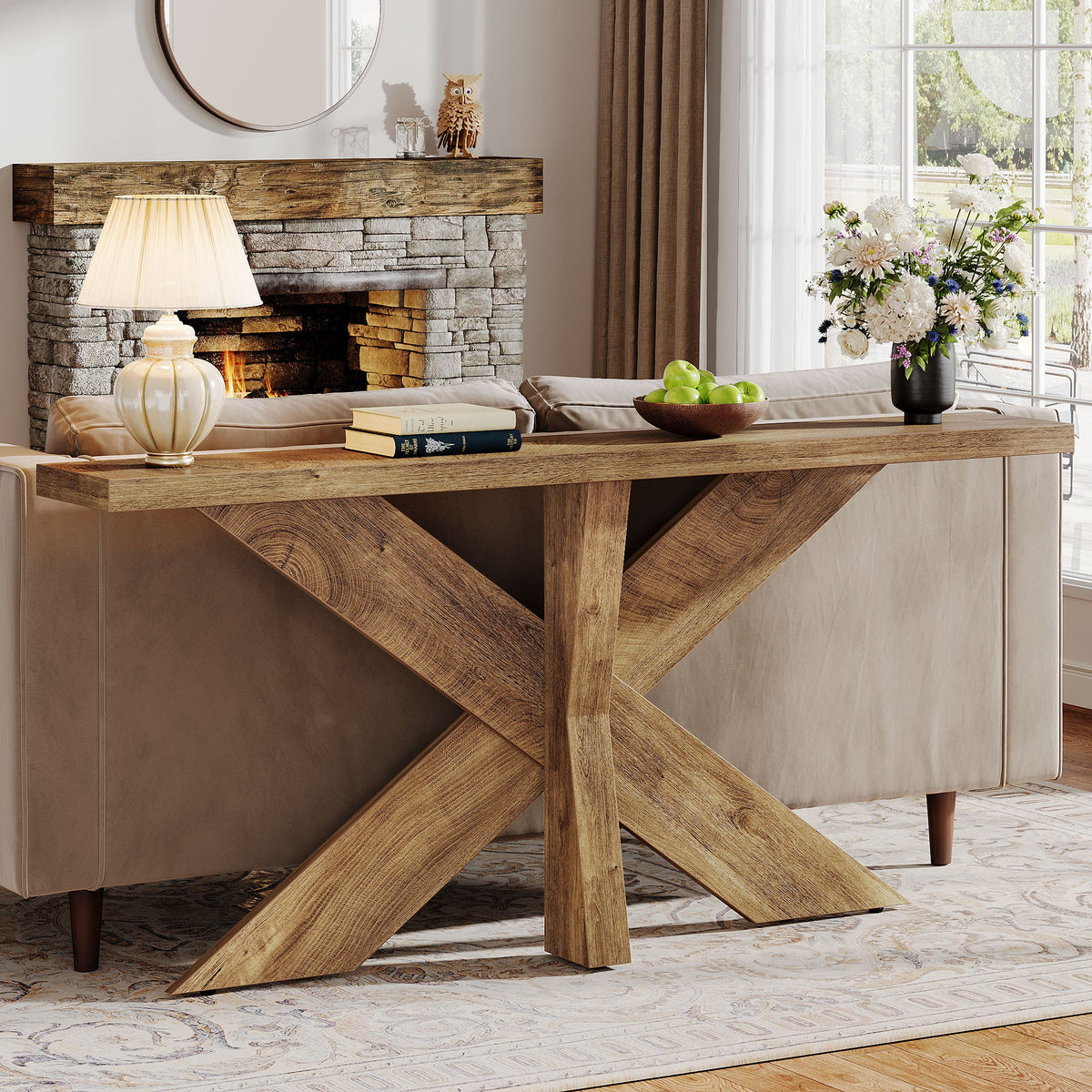 70.9-Inch Console Table, Farmhouse Sofa Table with Wooden Geometric Base for Entryway