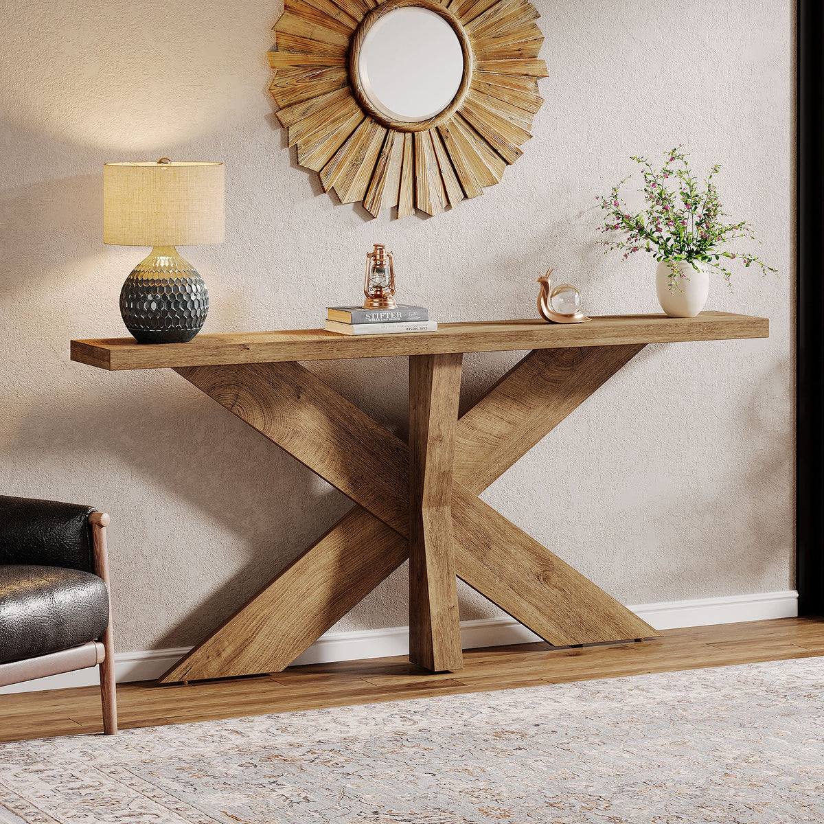 70.9-Inch Console Table, Farmhouse Sofa Table with Wooden Geometric Base for Entryway