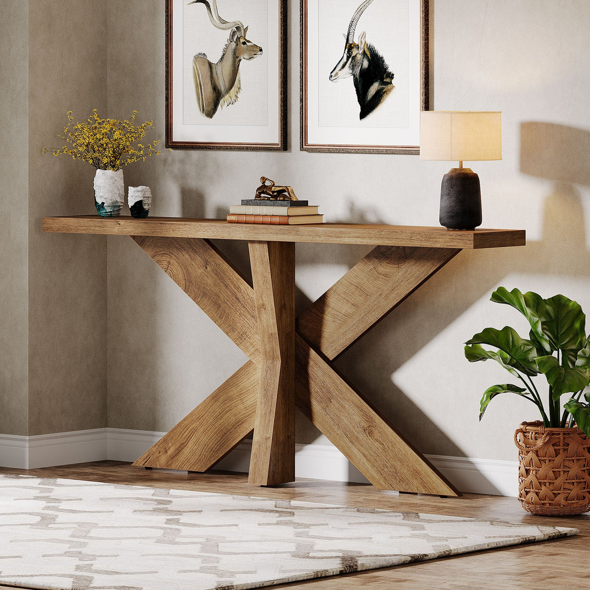 70.9-Inch Console Table, Farmhouse Sofa Table with Wooden Geometric Base for Entryway