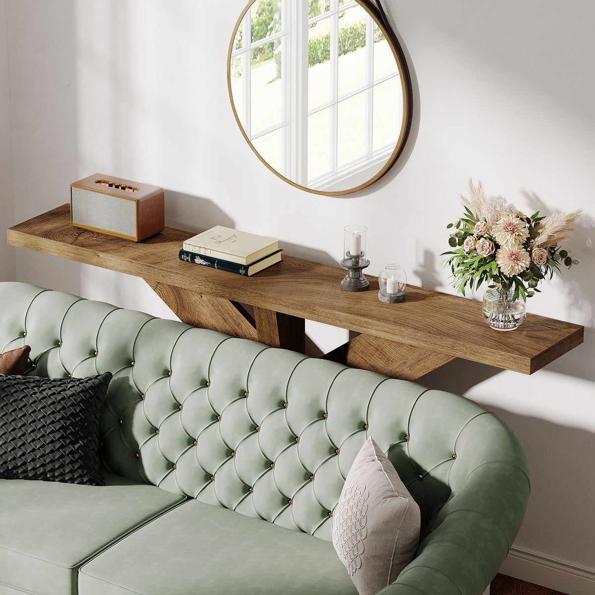 70.9-Inch Console Table, Farmhouse Sofa Table with Wooden Geometric Base for Entryway
