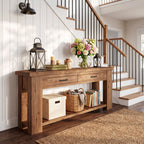 63-Inch Farmhouse Console Table with Solid Fir Wood Frame and 2 Drawers, Long Entryway Sofa Table with Slatted Shelf