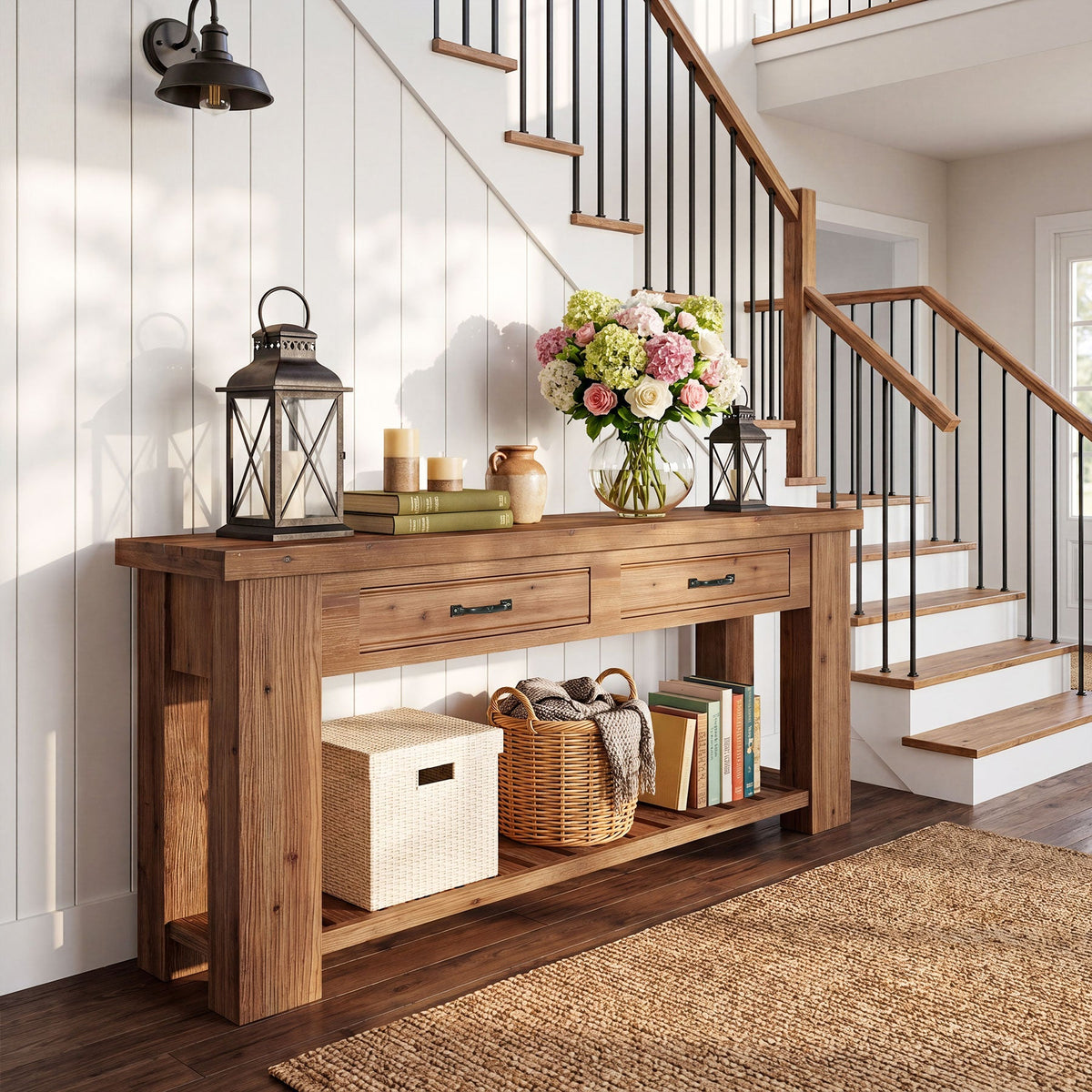 63-Inch Farmhouse Console Table with Solid Fir Wood Frame and 2 Drawers, Long Entryway Sofa Table with Slatted Shelf