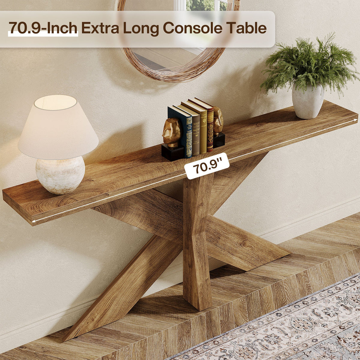 70.9-Inch Console Table, Farmhouse Sofa Table with Wooden Geometric Base for Entryway