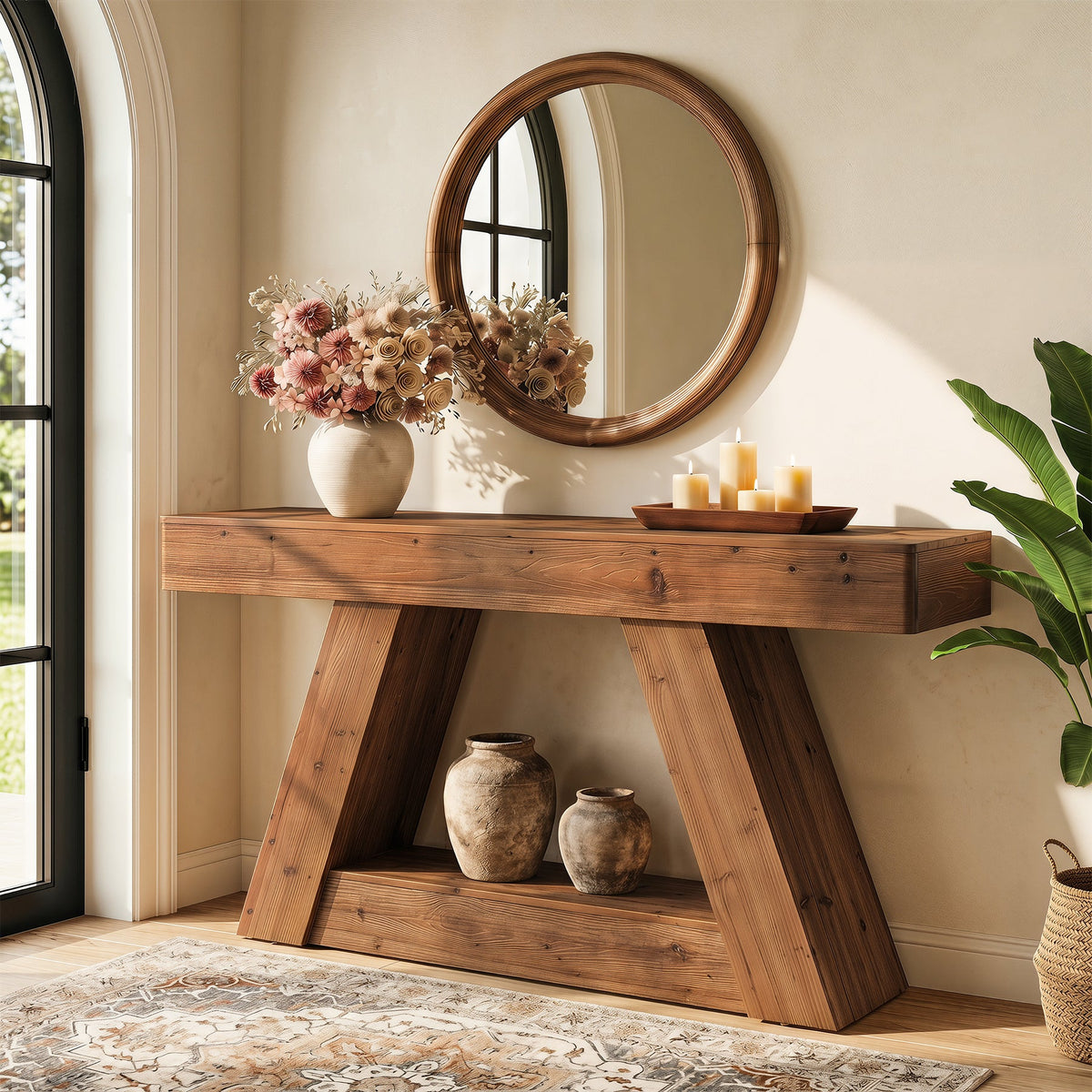 63-Inch Solid Wood Console Table with 2-Tier Storage, Farmhouse Sofa Table for Hallway