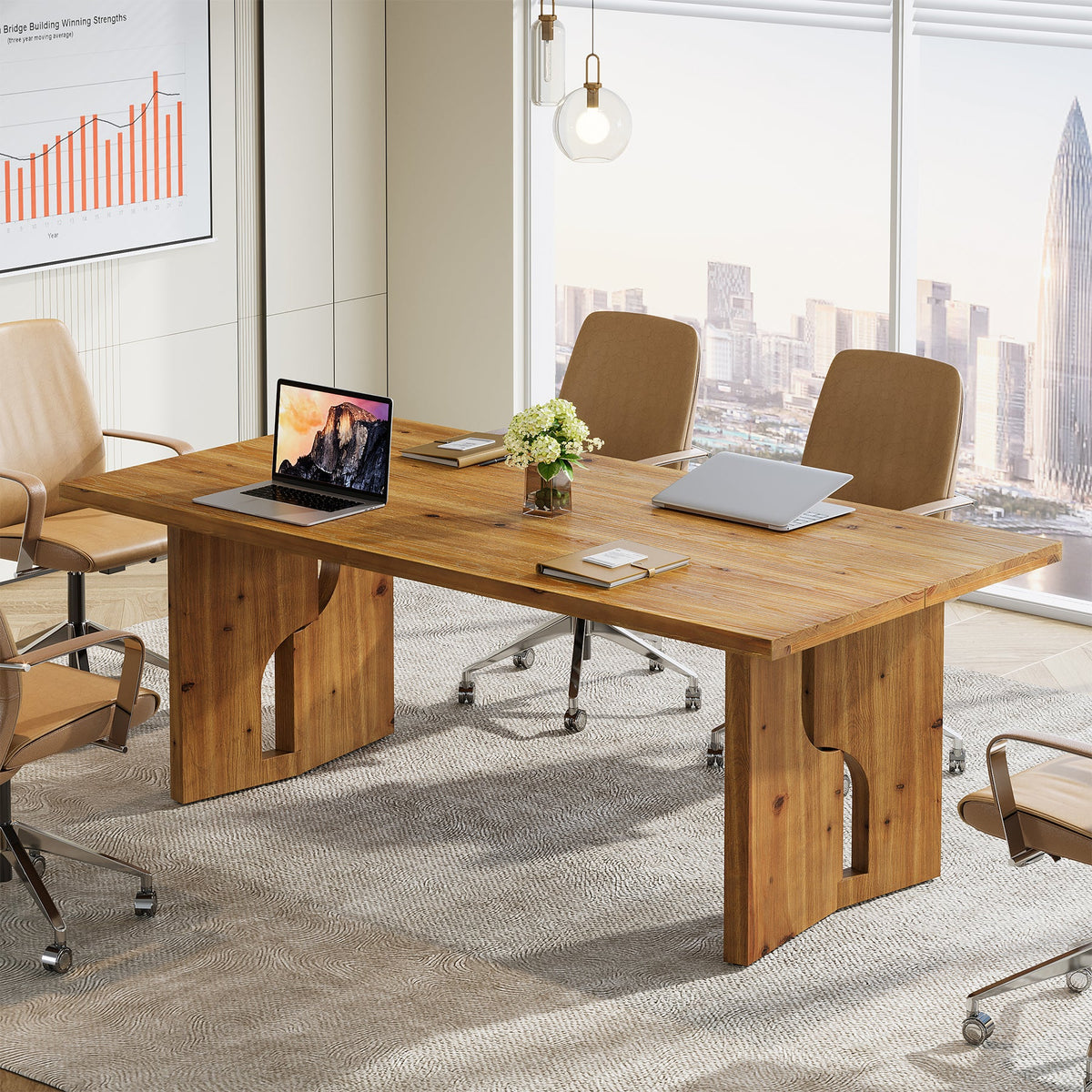 63-Inch Solid Wood Executive Desk with Cutout Bases, Large Office Desk for Home Office