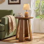 19.69 Inch Solid Wood Round End Table with Geometric Legs, Side Table for Living Room