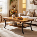 47 Inch Solid Wood Coffee Table, 2-Tier Farmhouse Center Table with Storage Shelf and Curved Metal Legs