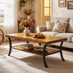 47 Inch Solid Wood Coffee Table, 2-Tier Farmhouse Center Table with Storage Shelf and Curved Metal Legs