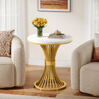 20" Round End Table with Faux Marble Top, White Side Table with Gold Metal Base