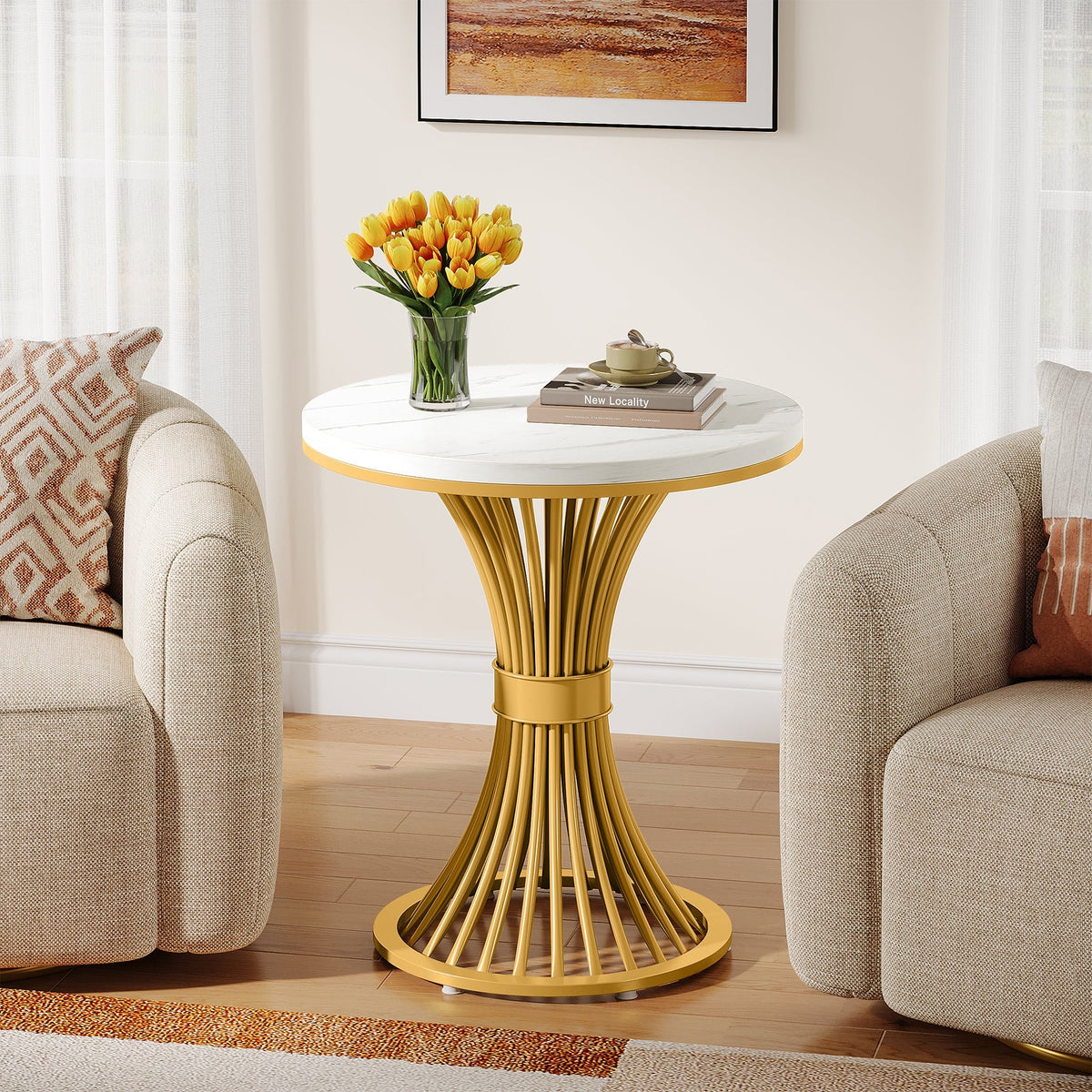 20" Round End Table with Faux Marble Top, White Side Table with Gold Metal Base