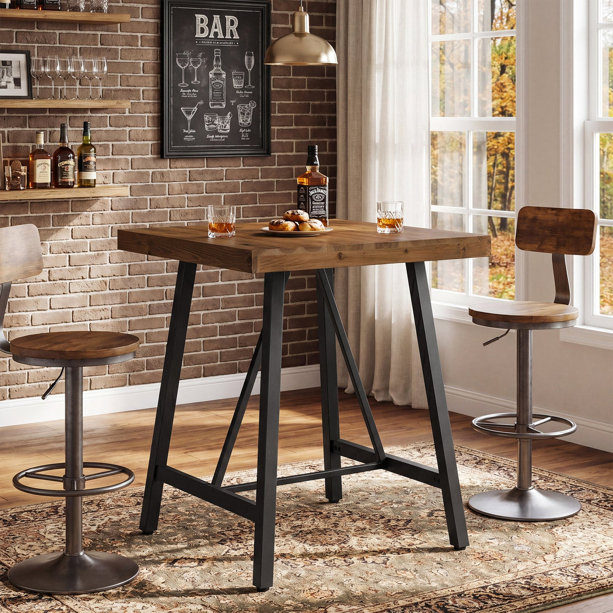 31.5-Inch Square Bar Table with Solid Wood Top and Metal Footrest, Industrial Pub Table for Home Bar Kitchen and Cafe