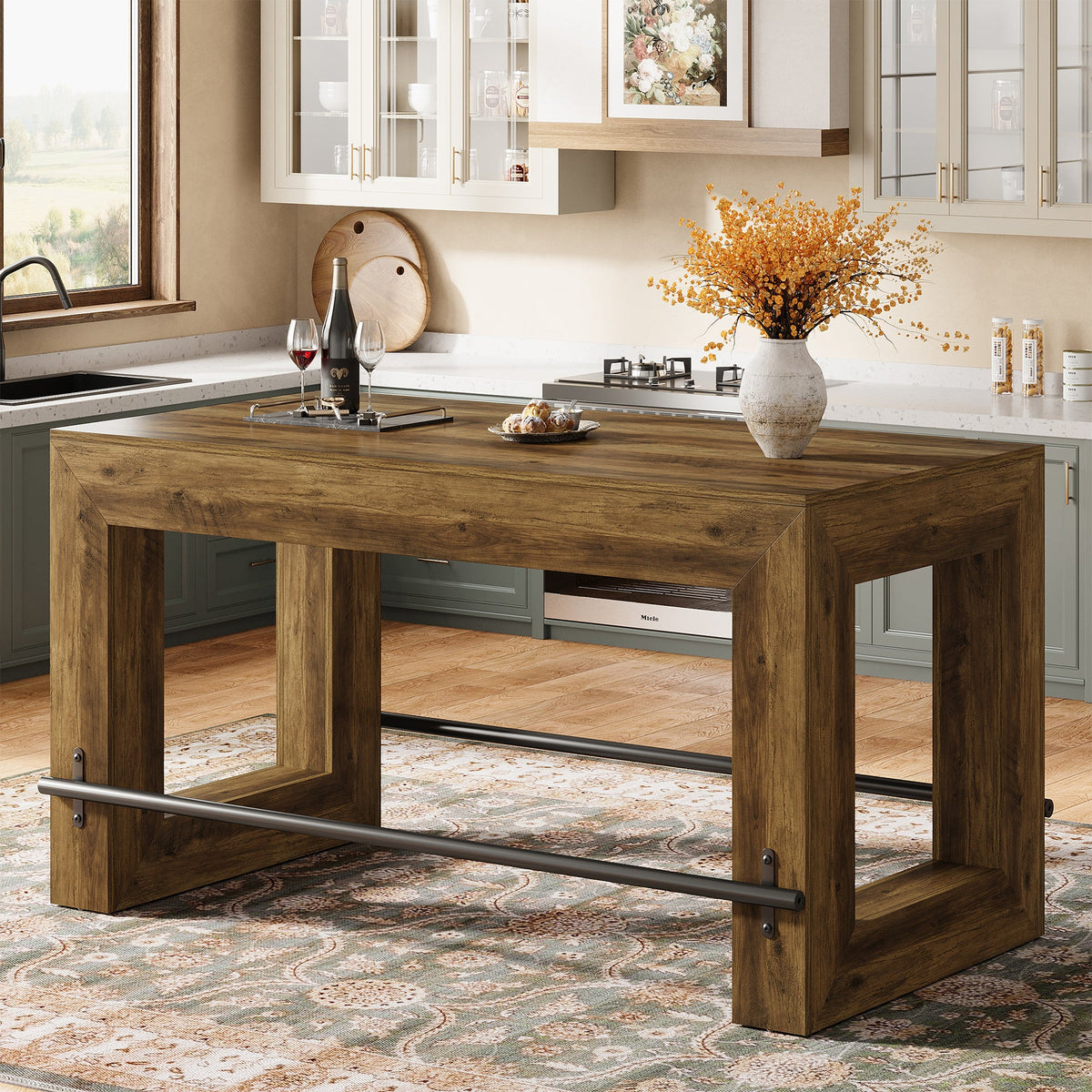59-Inch Industrial Bar Table with Metal Footrest, Counter Height Pub Table for Kitchen