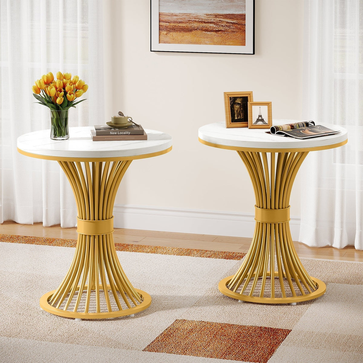 20" Round End Table with Faux Marble Top, White Side Table with Gold Metal Base