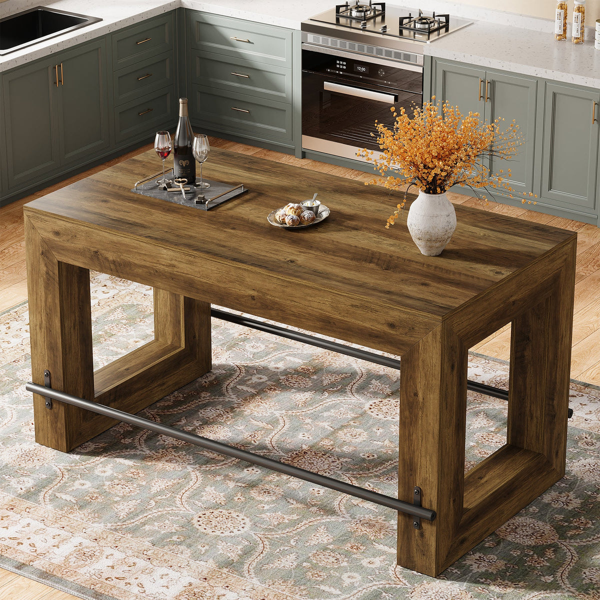59-Inch Industrial Bar Table with Metal Footrest, Counter Height Pub Table for Kitchen