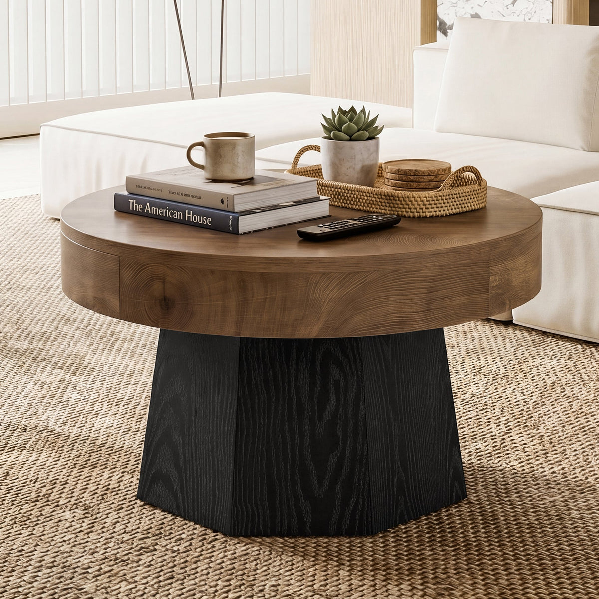 31.5-Inch Round Coffee Table with Octagonal Base, Modern Centre Table for Living Room