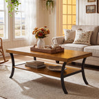 47 Inch Solid Wood Coffee Table, 2-Tier Farmhouse Center Table with Storage Shelf and Curved Metal Legs