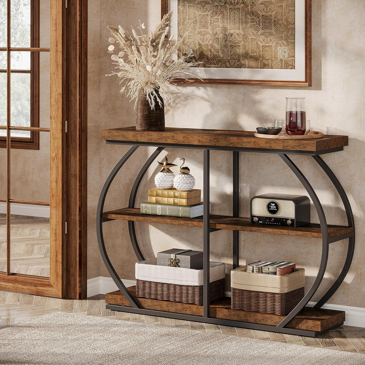 105 cm Industrial Console Table - Rustic Brown 3-Tier Entryway Shelf w/Arched Metal Frame