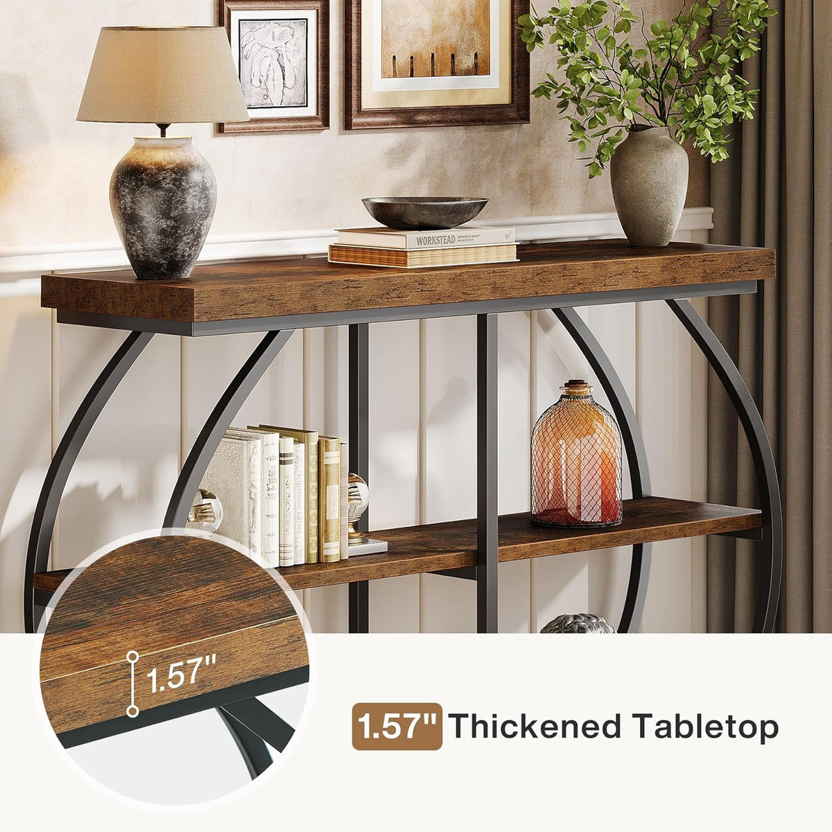 105 cm Industrial Console Table - Rustic Brown 3-Tier Entryway Shelf w/Arched Metal Frame