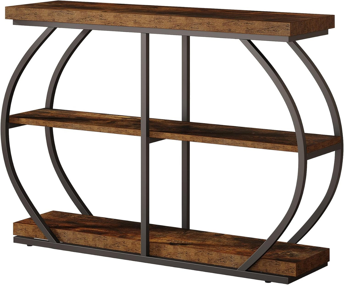 105 cm Industrial Console Table - Rustic Brown 3-Tier Entryway Shelf w/Arched Metal Frame