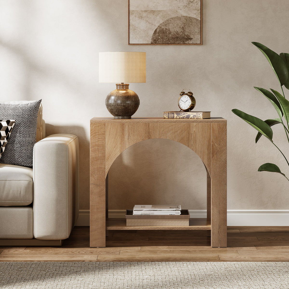 27.6 Inch Farmhouse Side Table with Storage, Large Wooden End Table with Cabinet Shelf for Living Room