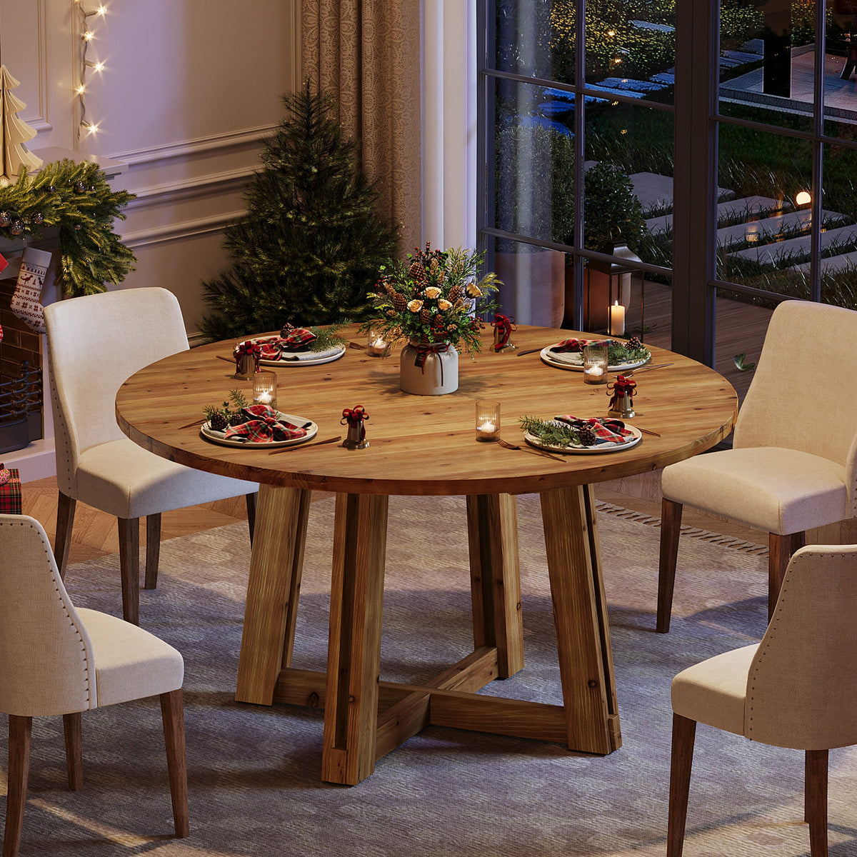 47.3-Inch Solid Wood Round Dining Table for 4-6 People, Farmhouse Kitchen Table with Cross-Shaped Base for Dining Room