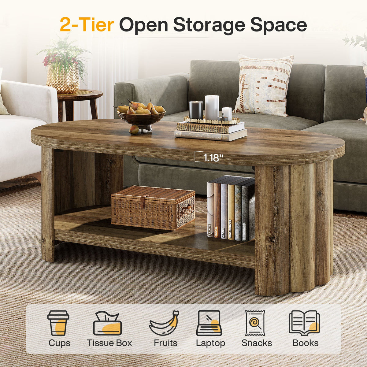 47.24-Inch Oval Coffee Table with 2-Tier Storage Shelf and Dual Base, Farmhouse Accent Center Table