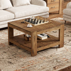 31.5-Inch Square Farmhouse Coffee Table with Storage Shelf, Solid Wood Center Table for Living Room