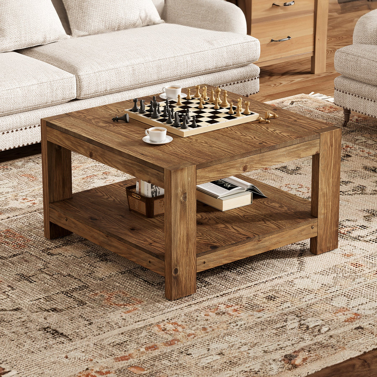 31.5-Inch Square Farmhouse Coffee Table with Storage Shelf, Solid Wood Center Table for Living Room