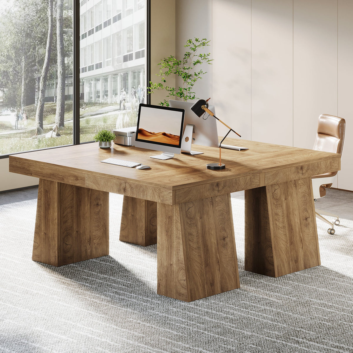 55-Inch Executive Desk, Large Wood Office Computer Desk with Double Pedestal#Colour_Light Brown
