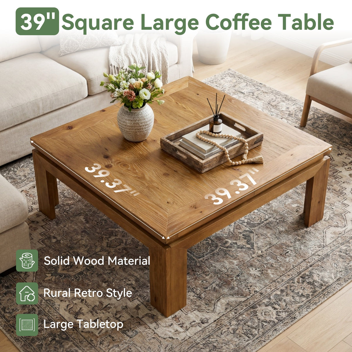 39.4-Inch Solid Wood Coffee Table with Recessed Edge, Square Farmhouse Center Table for Living Room