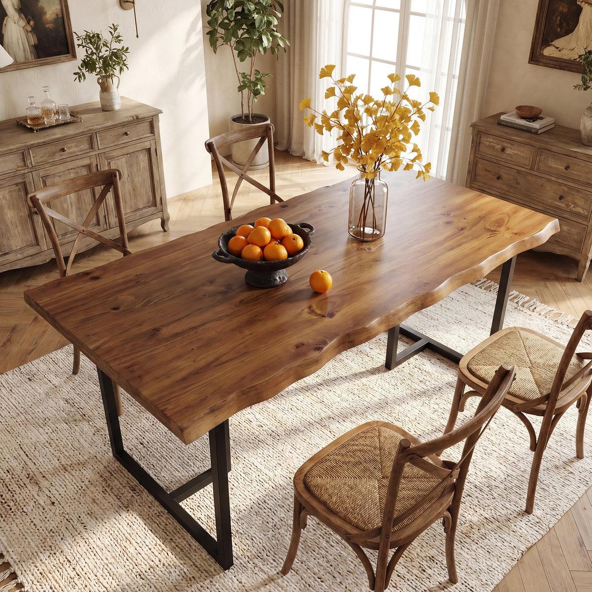 63-Inch Solid Wood Dining Table with Live-Edge Inspired Top and Metal U-Frame, Industrial Kitchen Table for 4-6 People