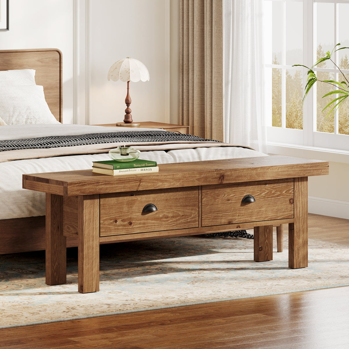 55 Inch Solid Wood Storage Bench with 2 Drawers, Farmhouse Entryway Seat for Hallway