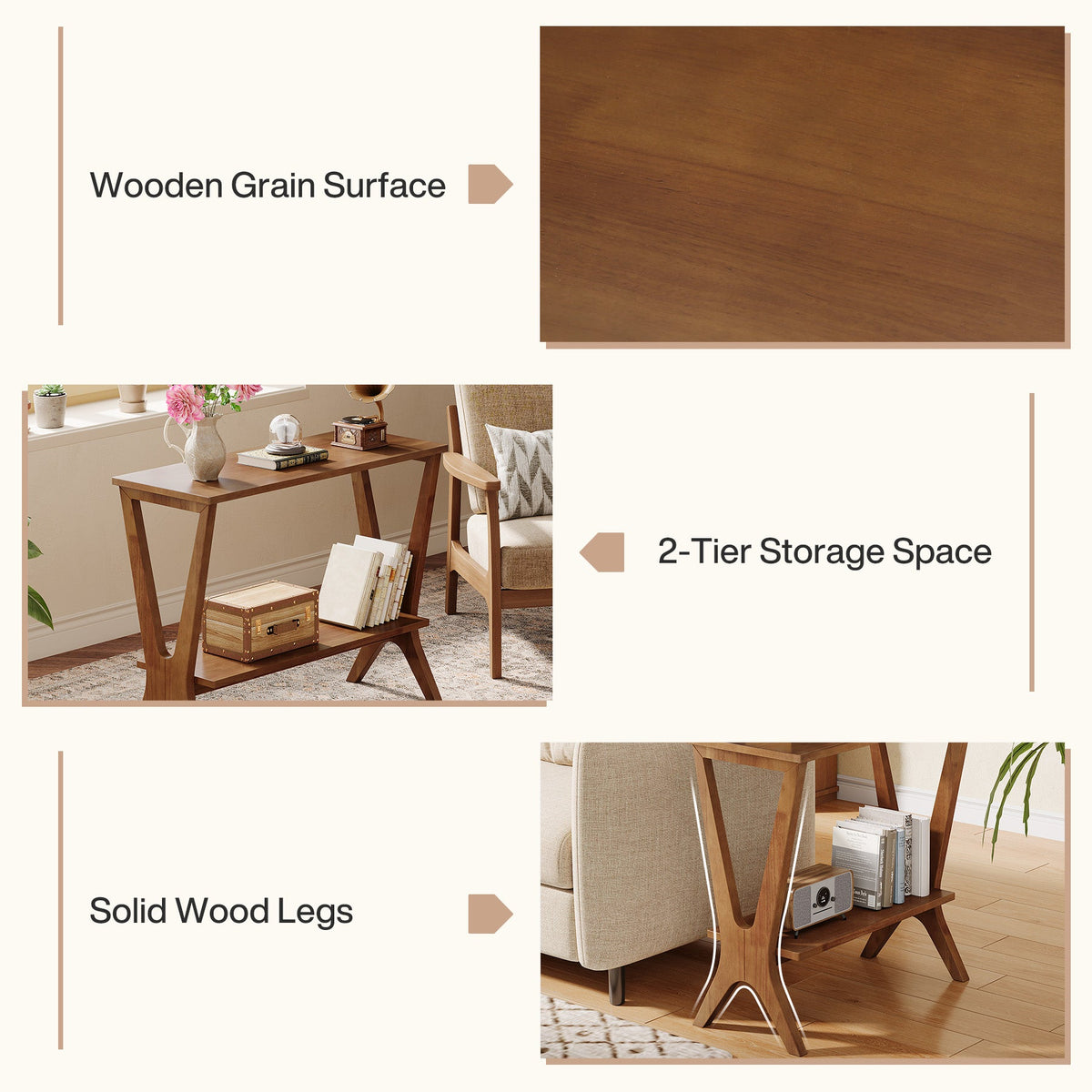 23.62-Inch Narrow End Table, 2-Tier Solid Wood Side Table with Storage Shelves for Living Room