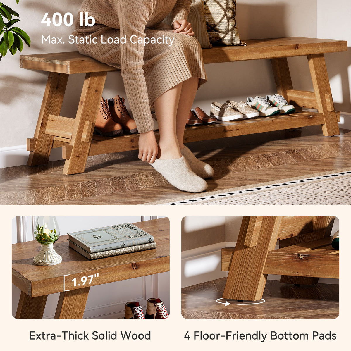 63 Inch Solid Wood Shoe Storage Bench for 6 Pairs, Farmhouse Entryway Seat with Shelf