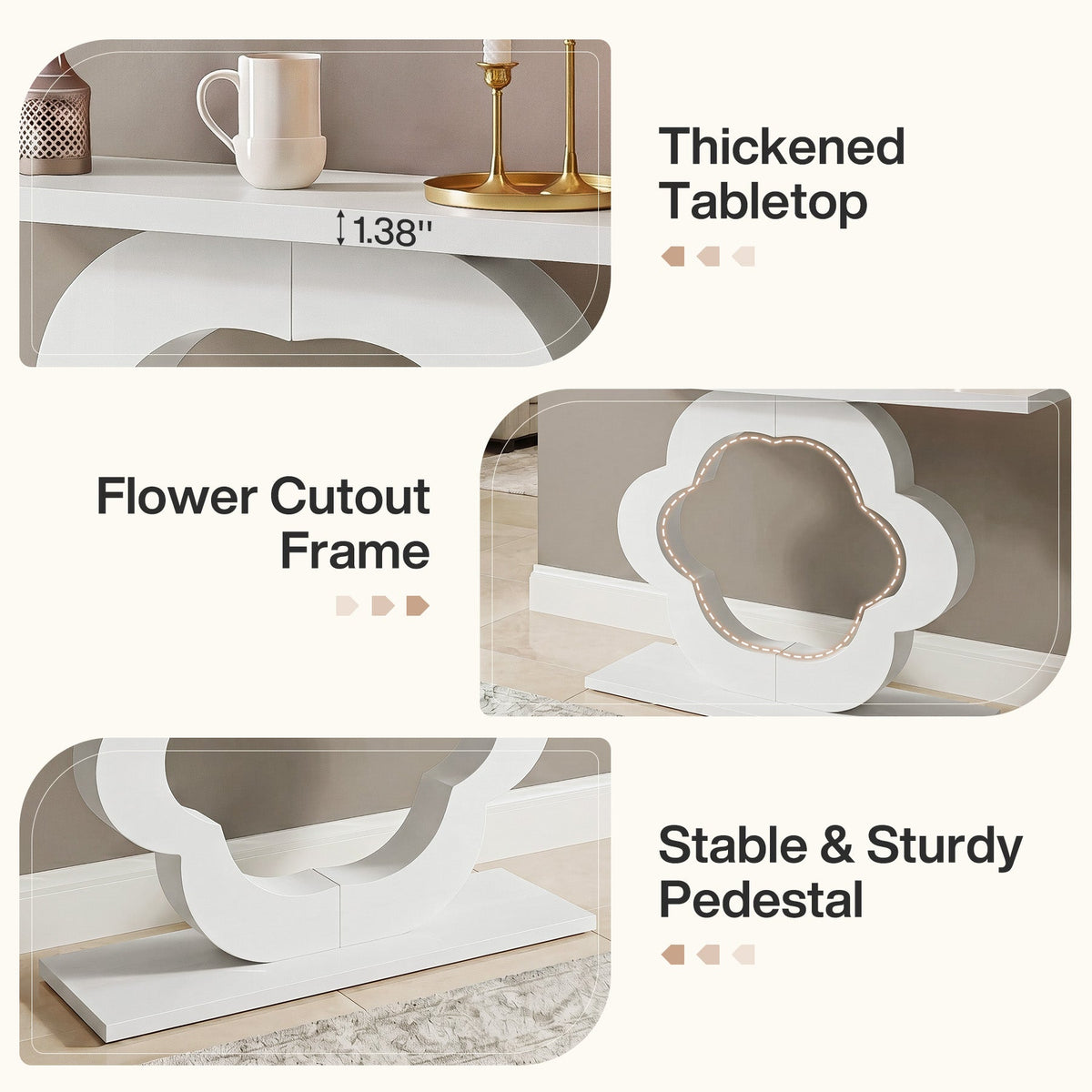 39.4-Inch White High-Gloss Console Table with Flower Cutout Base, Narrow Entryway Table for Living Room and Hallway