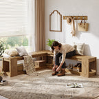 61-Inch L-Shaped Shoe Bench with Storage, Farmhouse Corner Entryway Bench for Dining Room Living Room and Cloakroom