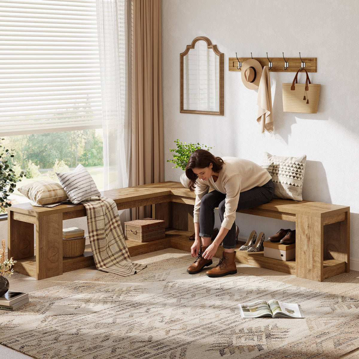 61-Inch L-Shaped Shoe Bench with Storage, Farmhouse Corner Entryway Bench for Dining Room Living Room and Cloakroom