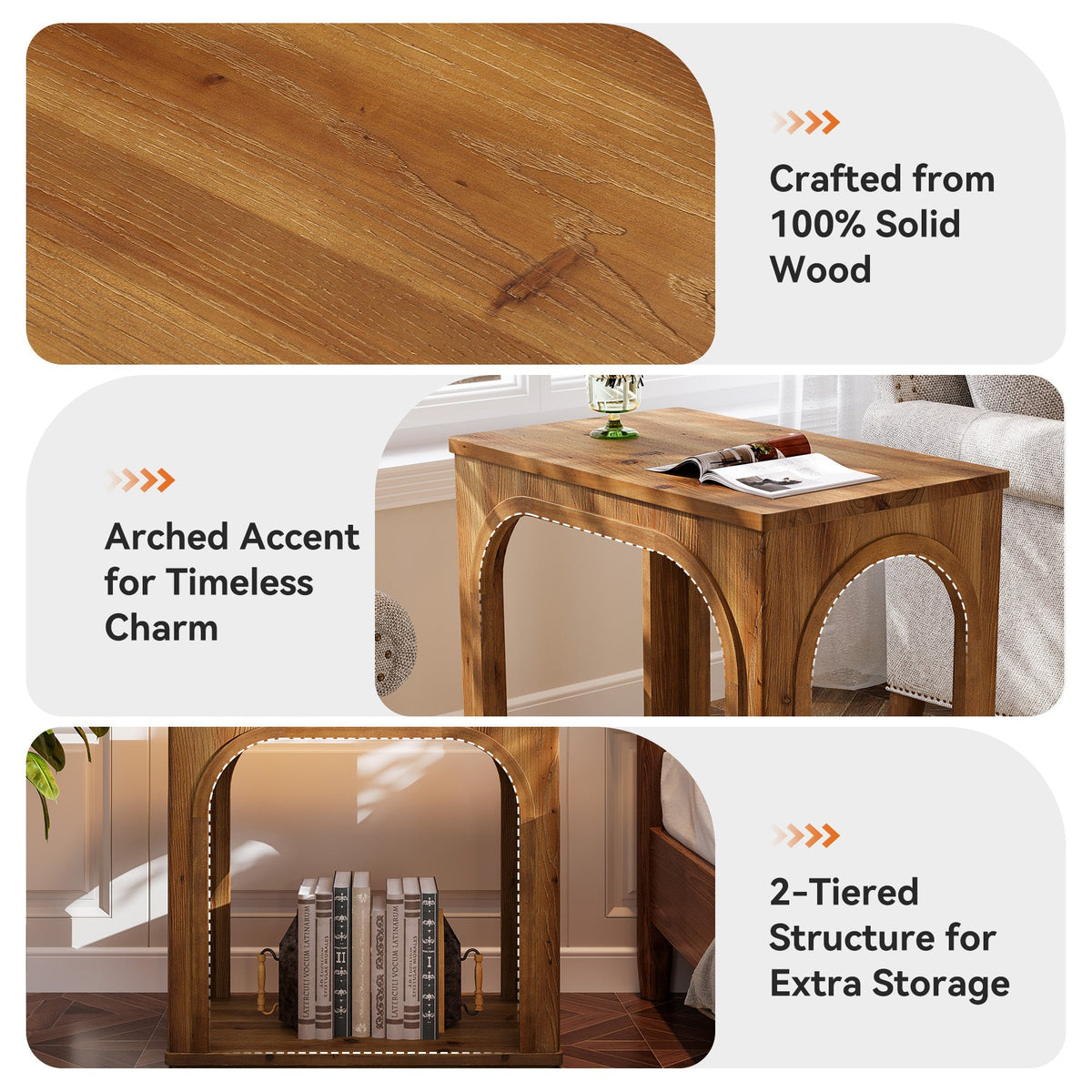 25.2-Inch Solid Wood End Table with Arched Design and Bottom Shelf, 2-Tier Farmhouse Side Table for Living Room