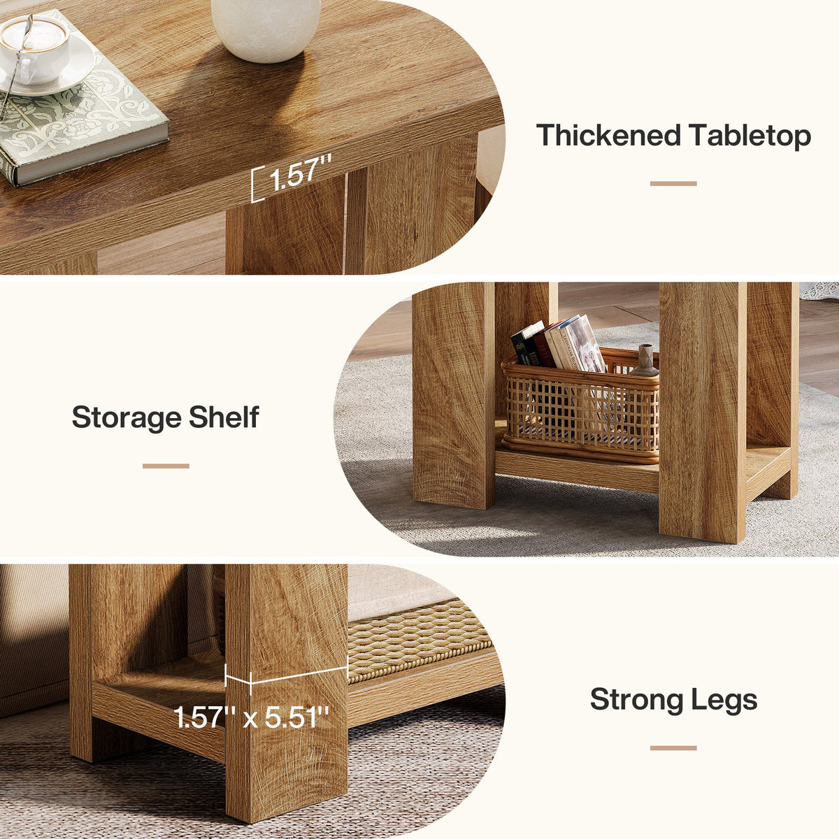 27.6-Inch Wooden Side Table with 2-Tier Shelf, Farmhouse End Table for Small Spaces